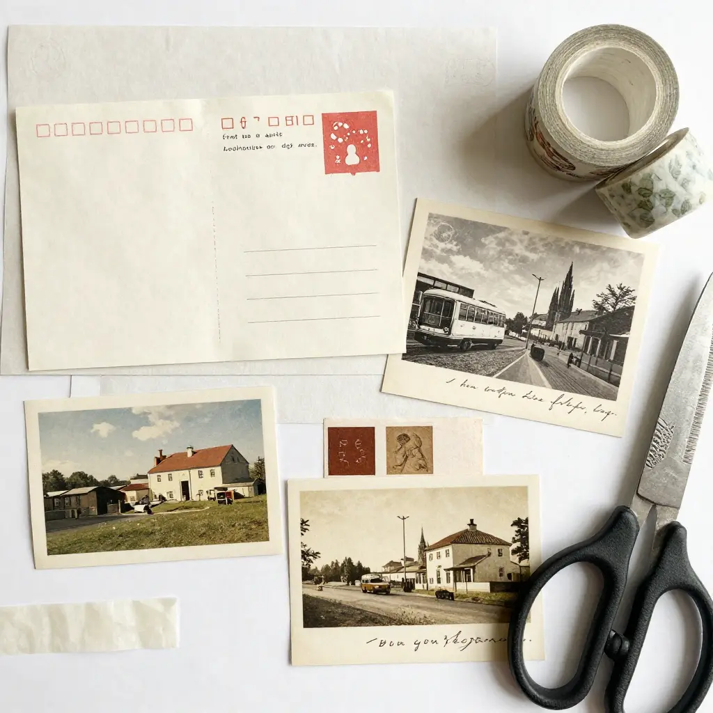 Creative collage workspace with paper textures and mixed media