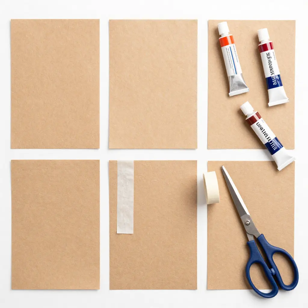 Collage materials including paper, scissors, and mixed media supplies